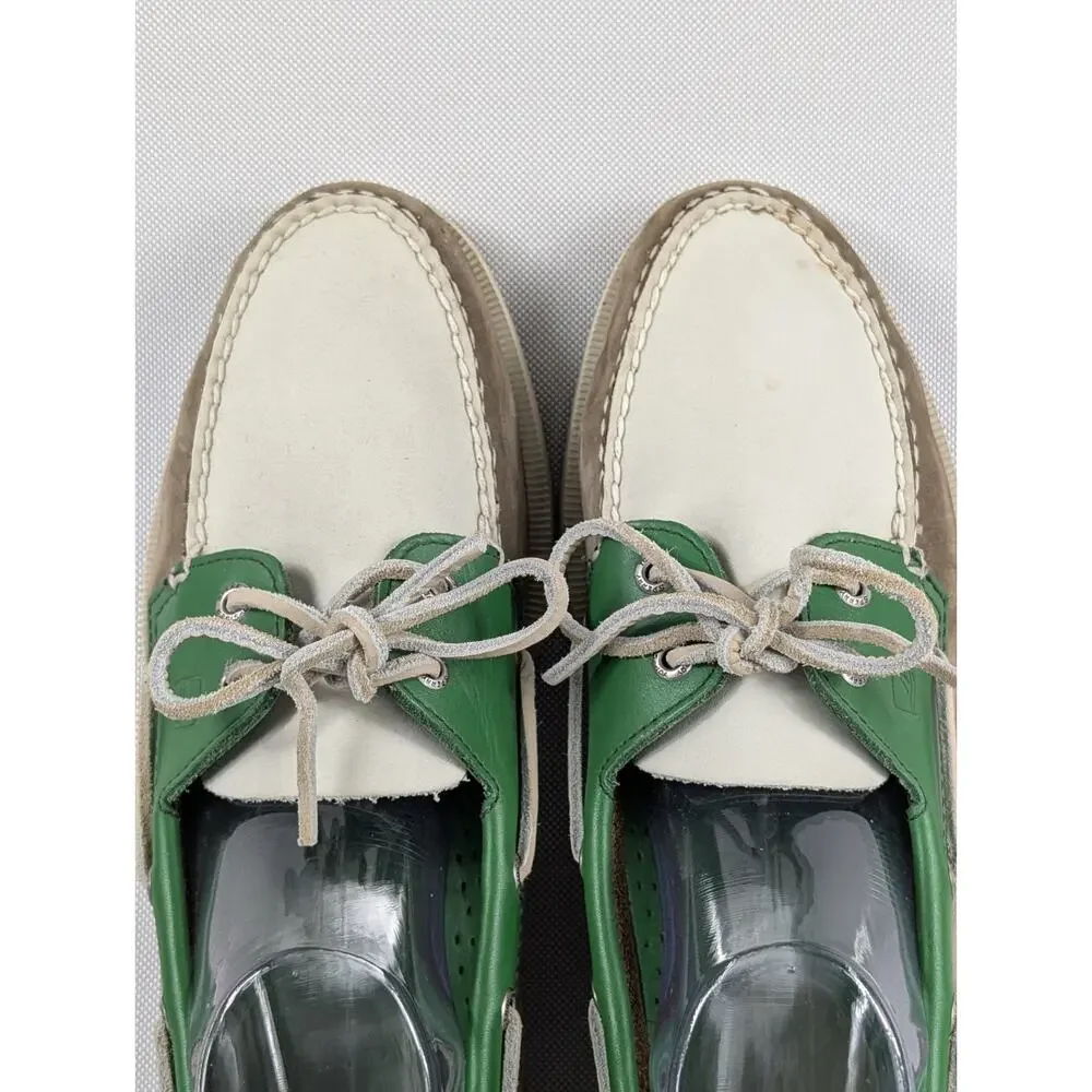 Sperry Top Sider Boat Shoes Mens Size 11M Green White Brown Leather Two Eyelet
